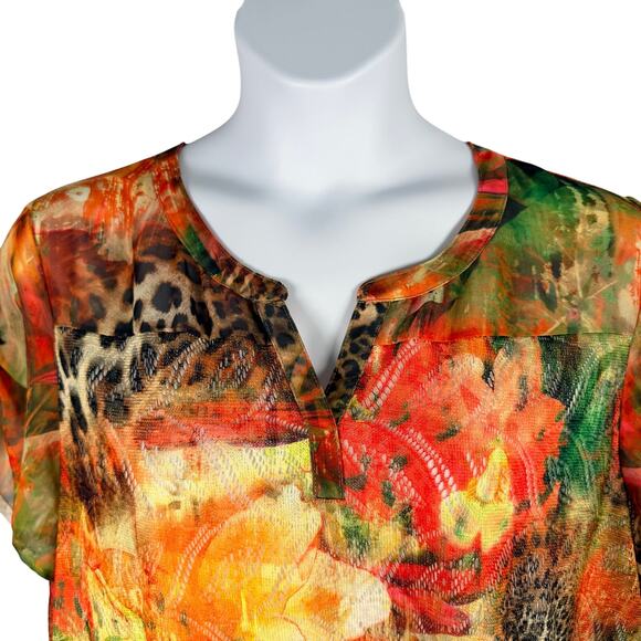 Chico's Top Womens 3 Multicolor Cheetah Floral Summer Surprise Mesh Overlay - Picture 2 of 12